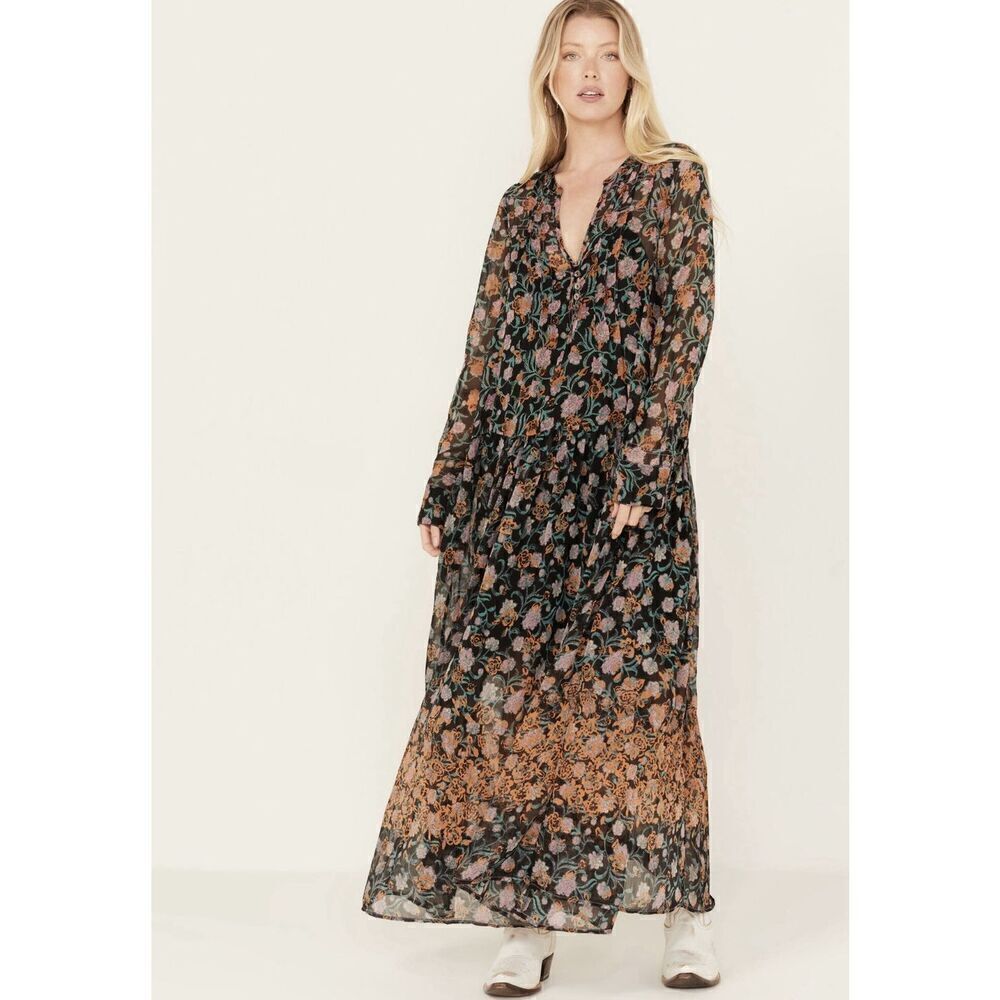NWT FREE PEOPLE WOMEN'S SEE IT THROUGH FLORAL LONG SLEEVE MAXI DRESS L